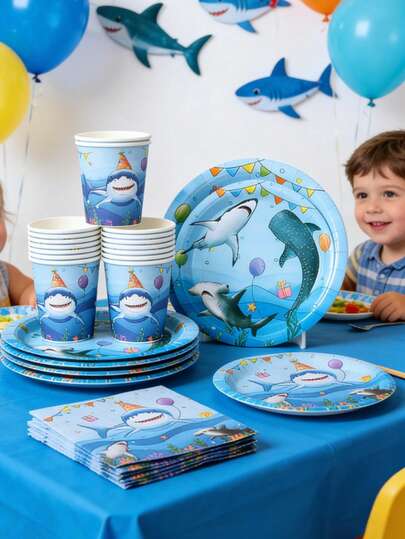 40pcs/Set Shark Party Tableware, Birthday Decoration Disposable Tableware, Food Tray, Cake Tray, Disposable Plates, Party Cup, Water Cup, Napkins, Tissue, Summer Pool Party Disposable Food Container, Birthday Gifts, Party Favors, Babe Shower Decor, Gender Reveal Party, Birthday Decorations For Home, Kitchen Supplies, Underwater World Theme Party Decorations