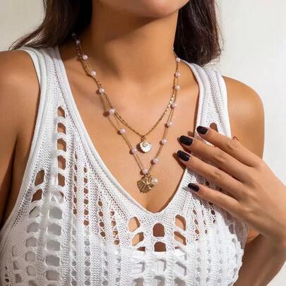 Set de 3 collares con colgante de capas de concha y perla, joyería de playa con tono dorado bohemio para mujeres, perfecto para vacaciones y atuendos de verano