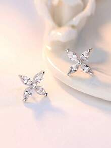 1 par de aretes de flor de circonita transparente lindos, adecuados para el atuendo de boda de las mujeres, joyería nupcial de cristal brillante de moda - Plateado - Ver 2