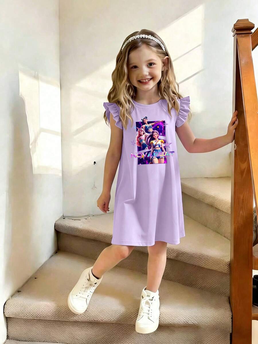 1pc Girls' Ruffle Sleeve Dress, Featuring "NOVA BEAT" Korean Style Graphic Print, Soft & Comfortable Fabric, Suitable For Daily Wear, Casual Outings, And Spring/Summer Gatherings - Mauve Purple - View 1