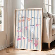 1 peça de arte de parede fofa com varal de roupas de verão, impressão em tela estilo casa de praia/litoral | Decoração rústica costeira com listras azuis suaves para quarto, sala de estar ou escritório, pôster náutico fofo com laço rosa e azul, presente para ela, sem moldura, com moldura de madeira ou moldura de madeira - padrão - Ver 4