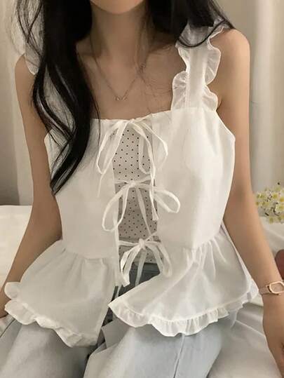 Áo tank top không tay kiểu Hàn Quốc thanh lịch với viền bèo nhún và dây buộc