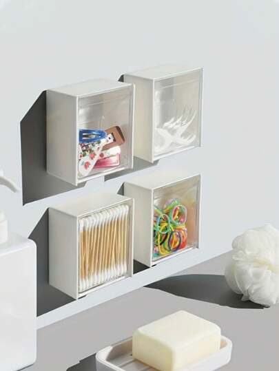 2pcs Detachable Lid Wall-Mounted Storage Box - Plastic Bathroom Storage Rack Suitable For Cotton Swabs, Makeup Pads, Space-Saving Wall-Mounted Cabinet-Style Container