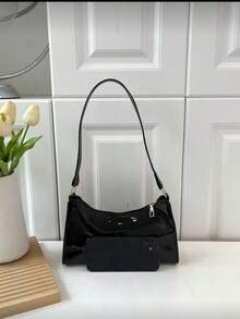 Geometric Embossed Solid Color Women's Shoulder Bag, Zipper Closure Vintage Style Casual Waterproof Handbag, Suitable For Women, Office Workers, Students, Business Use - Black - View 3