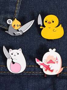 1 set Pins émail mignons d'ours, de canard, de poulet tenant un couteau. Broche en métal animaux dessin animé humoristique. Insigne de sac, de revers, cadeau pour les amis - Multicolore - Voir 6