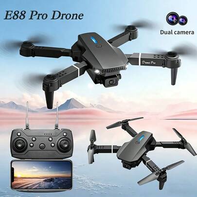 E88 Pro 双摄像头无人机 - WiFi FPV，易于操控的四轴飞行器，带定高功能和 USB 充电 - 适合初学者 - 是户外娱乐、生日、圣诞节、感恩节的理想之选