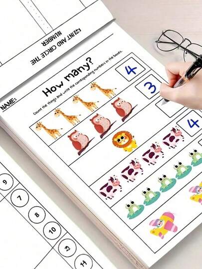 64-Page Interesting Math Practice Notebook, Containing Elements Of Vehicles, Forest Animals, Marine Animals, Fruits And Plants, Allowing Parents And Educators To Quickly Identify. Suitable For Preschool Numeric Recognition Practice At Home, Also Applicable For School, Students, Stationery, Learning Supplies, And Back To School Season.
