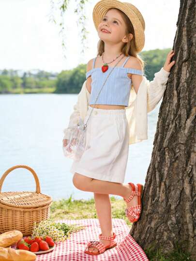 1 Pair Girls' Orange & White Plaid Pearl Decor PU Sandals, Versatile For Daily Wear, Cute For School, Commute, Birthday, Wedding, Vacation