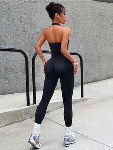 Aoqta Sports 女士夏季休闲纯色两件套，修身无袖露背吊带上衣搭配高腰紧身提臀运动裤，适合瑜伽、跑步、健身、日常穿着。 - 藏蓝色 - 查看 2