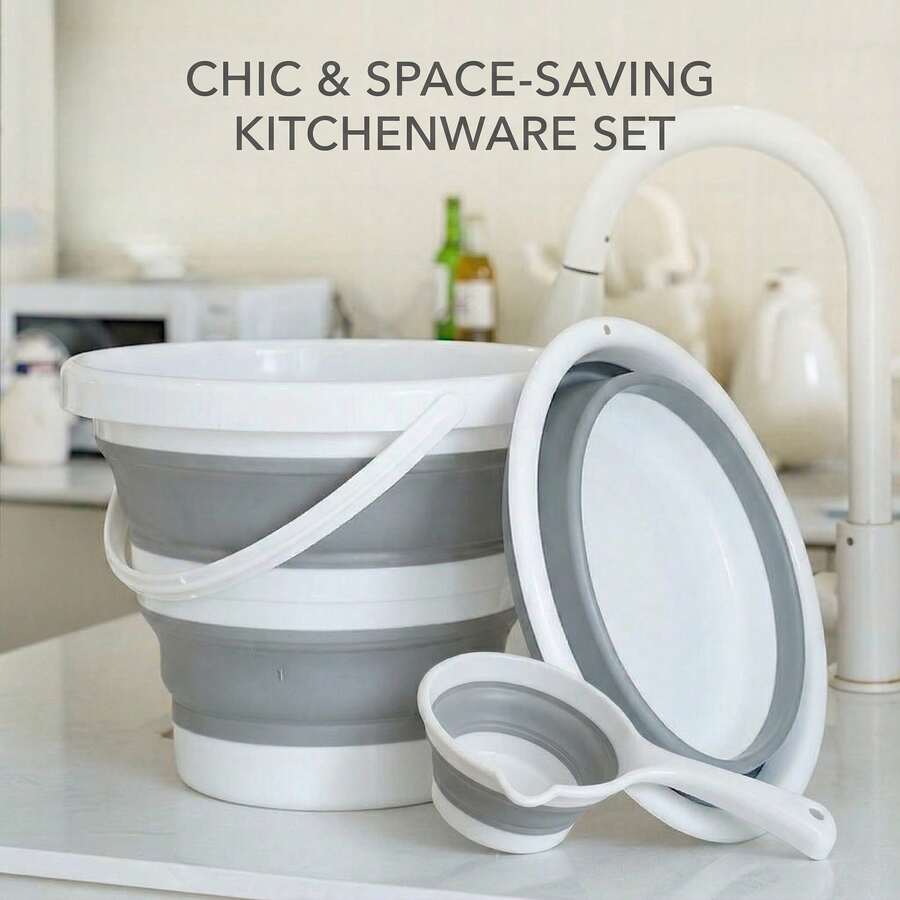 1pc/2pcs/3pcs Portable Collapsible Cleaning Bucket Set, Grey Multi-Purpose Foldable Wash Basin And Water Scoop With Handle, Space-Saving Pop Up Tub For Laundry Dorm RV Camping - Gray Bucket - View 1