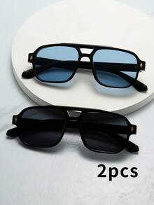 2pcs Men's PC Material Classic Square Double-Bridge Glasses, Minimalist Stylish Fashion, Suitable For Party, Casual, Holiday, Travel, Beach, Daily Wear - 2pcs Combination - View 2