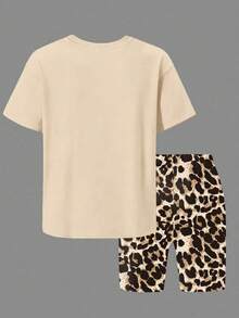 Girls Bow Print Short Sleeve Top And Shorts Set - Khaki - View 3