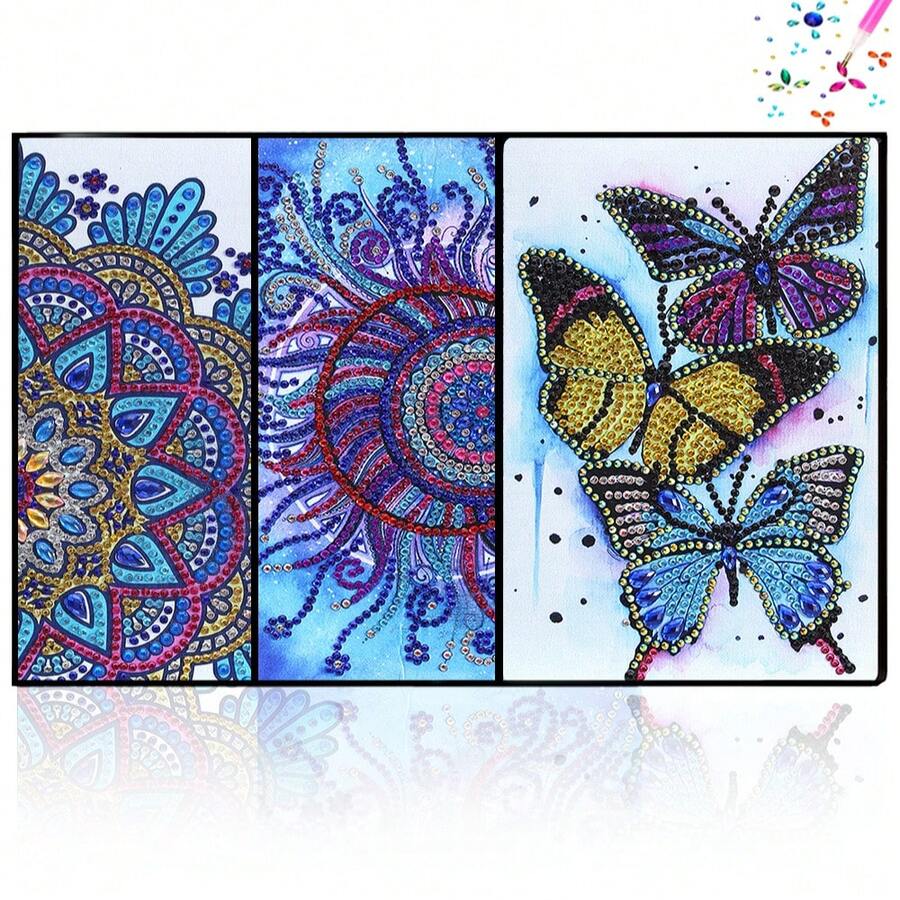 Bộ tranh đính đá, họa tiết bướm và mandala, sổ phác thảo bằng da PU, tranh khảm pha lê, đồ thủ công mỹ nghệ bằng da, thích hợp cho học tập, văn phòng, vẽ tranh nghệ thuật.