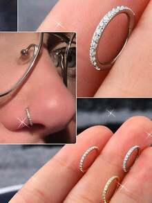 1pc High-End Stainless Steel Zirconia Inlaid Nose Ring Earring, Seamless Angled Clasp, Suitable For Daily Wear By Men And Women - Silver - View 1