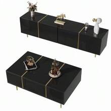 Modern High-Gloss Black TV Cabinet And Coffee Table Set - Black - View 1