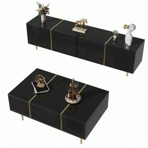 Modern High-Gloss Black TV Cabinet And Coffee Table Set - Black - View 1