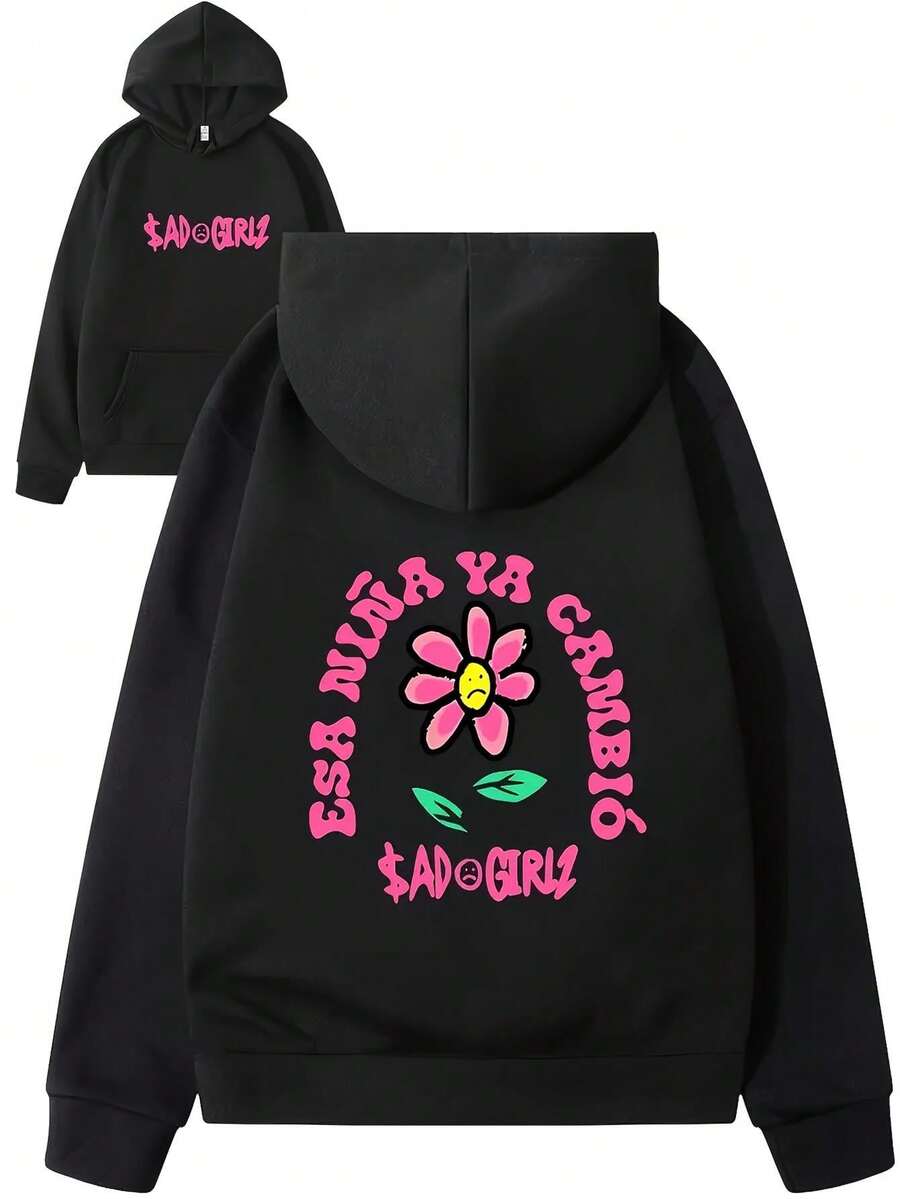 Sadgirlz & Sad Boyz Black Hoodie With Pink Floral Letter Print - Unisex Casual Streetwear Sweatshirt Regular Fit Long Sleeve Crew Neck Pullover Essential Layering In Spring And Autumn Both Men And Women - Image Color - View 1