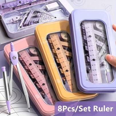 8 PCS Upgraded Ruler And Compass Set, Geometry Protractor, Math Triangle Ruler, Protractor, Compass, Teaching Tools, Drawing, School Stationery, Mathematics