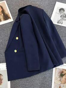 Spring & Summer Women's Solid Long Sleeve Double-Breasted Blazer, Notched Lapels | Ideal For Dates, Parties, Outings & Festive Celebrations - Navy - View 5