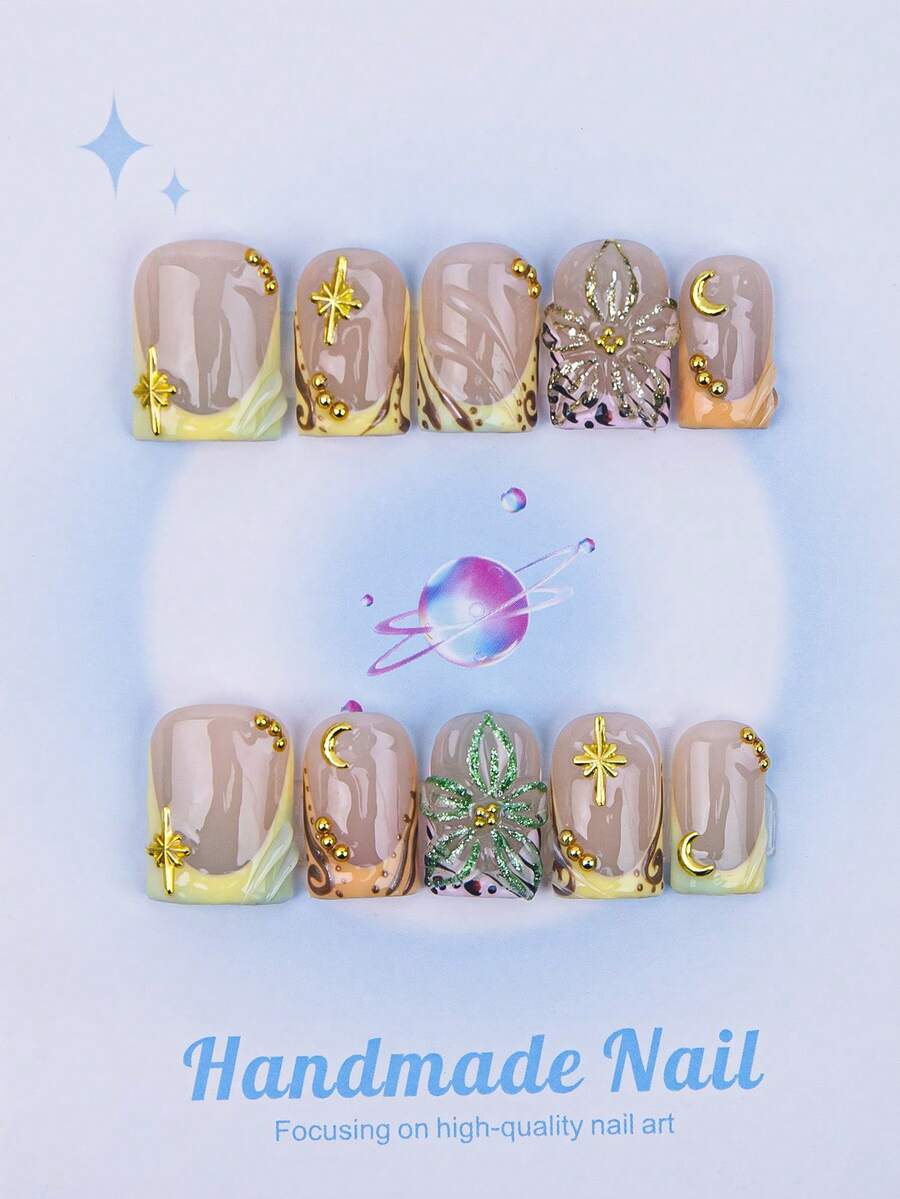10片/套 手工方形美甲贴片，优雅3D花朵、波浪、星星、月亮和珍珠设计长方形按压式美甲贴片，色彩缤纷的美甲配件，适合女孩和女士日常、户外、派对等场合的美甲用品 - Follow Your Heart - 查看 1
