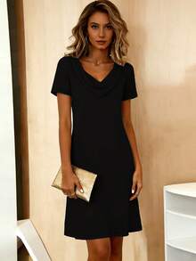 优雅法式设计宽松中长连衣裙，时尚夏季新品 - 黑色 - 查看 3