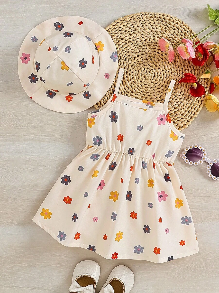 2pcs Baby Girl Summer Casual Floral Print Dress + Hat Set - Multicolor - View 1