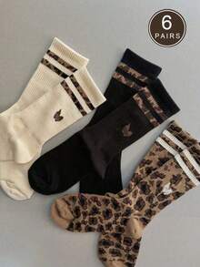 3 Pares de Meias Médias da Moda com Estampa de Leopardo e Padrão de Letras, Novas para a Primavera, Macias, Confortáveis e Duráveis para Mulheres, Adequadas para Esportes, Casa, Presentes, Todas as Estações, Lavável à Mão/Máquina - Multicolorido - Visão 14