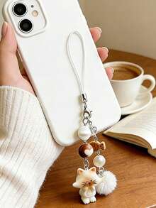 可爱猫咪手机挂饰，多功能钥匙扣毛绒球串珠吊坠，背包/手机挂绳 - 彩色 - 查看 1