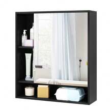 Wall Mounted Bathroom Cabinet With Mirror Single Door 3-Position Adjustable Shelf Hidden And Open Storage For The Bathroom, Living Room Or Entryway - Black - View 5