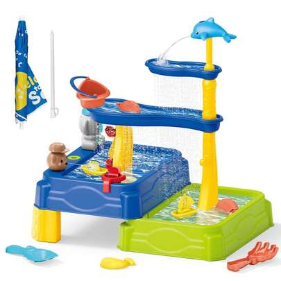 Kids Water Table Toy, 3-Tier Dolphin Waterfall Play Table With Sand & Water Play Accessories, Outdoor Summer Backyard Water Toys For Toddlers