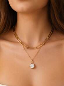 2 Stücke/Set Mode Casual Basic Kette & quadratischer Büroklammer Design Wassertropfen kubischer Zirkonia Anhänger Halskette Set, geeignet für den täglichen Gebrauch von Frauen - Goldgelb - Übersicht 2