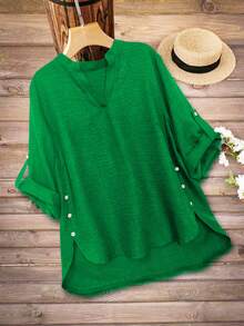 Camisa casual de talla grande con botones decorativos y cuello de solapa - Verde - Ver 5