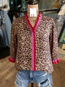 Brown Leopard-Print Shirt With Ruffled Trim: Casual Long-Sleeve V-Neck Top-Lightweight, Breathable, And Versatile Women's Shirt - 豹紋 - 查看 2