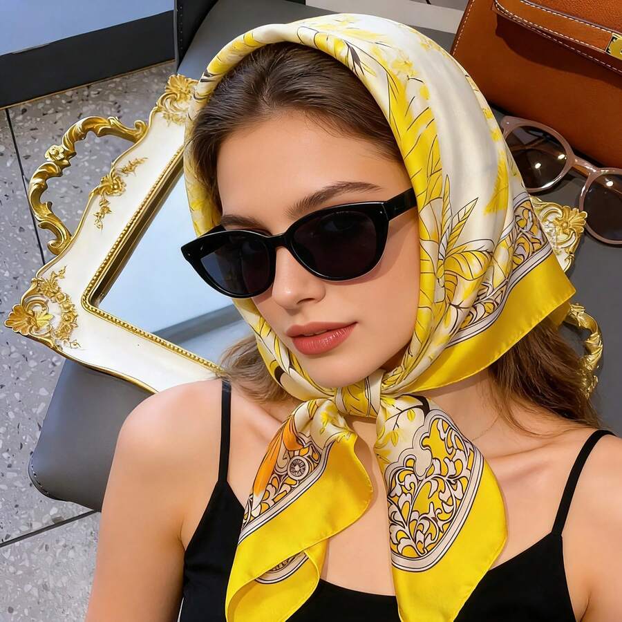 1pc Silk-Like Printed Neckerchief, Versatile Daily Accessory, Fashion Scarf For Hair Decoration - Yellow - View 1