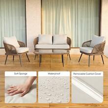 LITTLE TREE 4-Piece Outdoor Patio Furniture Set, Wicker Rattan Conversation Furniture Set With Removable Cushions And Glass Coffee Table For Balcony, Backyard Porch, Poolside - màu nâu - Xem 6