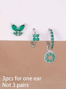 3PCS Geometry Round Dangle Earrings Sets For Women Luxury Stainless Steel Zirconia Butterfly Ear Stud Aesthetic Jewelry - 3PCS - Silver 2 - View 4