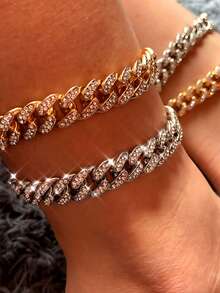 New Fashion Thick Metal Chain Anklet, Cubic Zirconia Decorated Gold & Silver Cuban Link Punk Rock Style Unisex Ankle Jewelry - Anklets - View 4