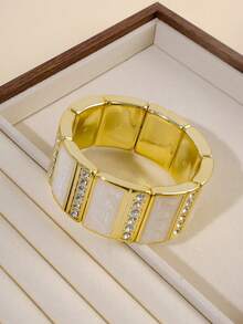 1Pc Acrylic Resin Tile Stretch Bracelet For Women, Colorful Rectangle Block Beads With Clear Rhinestone Decor & Gold Tone Frame, Y2K Statement Stackable Wrist Jewelry, Aesthetic Summer Vacation Party Accessories - Multiple Colors Of Square Patterns - View 14