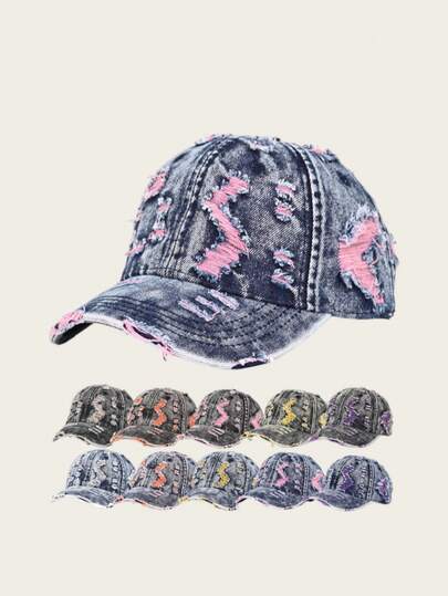 1 chiếc mũ lưỡi trai denim rách nhiều màu sắc kiểu Mỹ, mũ bóng chày rách phối màu thời trang unisex, mũ che nắng.