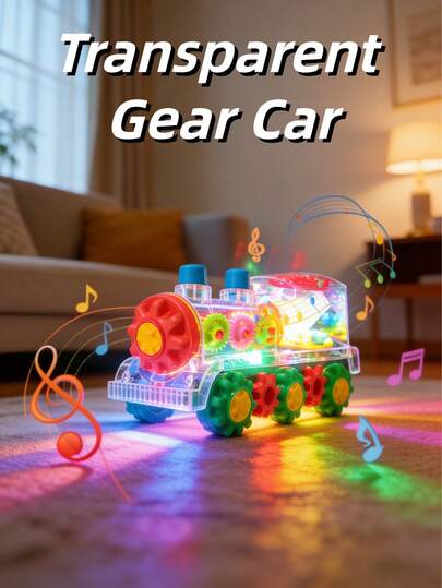 Trem de Engrenagens Transparente e Brilhante, Ativado por Colisão com Som e Luz, Rotação de 360°, Música, Revestimento Transparente em ABS, Iluminação LED, Sensor Automático de Colisão, Movimento Rotacional, Brinquedo Sensorial Educativo para Meninos e Meninas