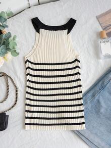 女士无袖圆领针织修身背心，优雅休闲甜美街头风，黑白条纹针织衫，适合春、夏、初秋日常穿着，也适合校园、约会、度假等场合。 - 杏色 - 查看 9