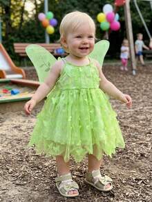 Vestido de Mariposa para Niña Pequeña con Alas, Conjunto de 2 Piezas, Vestido A Línea Estiloso con Tirantes Finos, Disfraz de Mariposa para Bebé - Verde - Ver 6