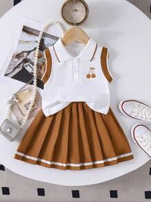 Baby Girl Cherry Print Contrast Color Polo Collar Tank Top And Pleated Skirt Set - White - View 1