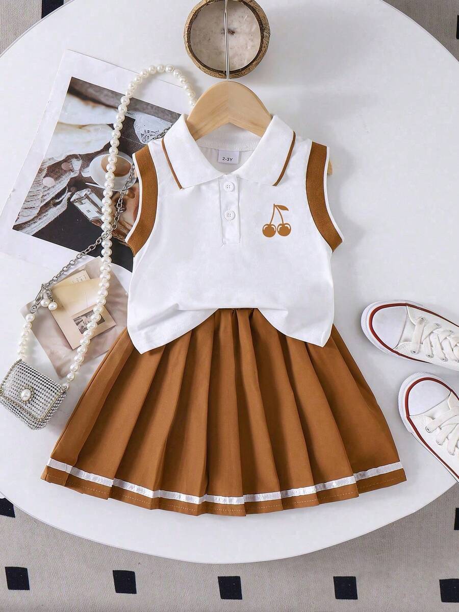 Baby Girl Cherry Print Contrast Color Polo Collar Tank Top And Pleated Skirt Set - White - View 1