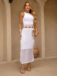 Vestido Midi Tricot Argolas Rendado Moda Praia Reveillon Elegante - Branco - Visão 7