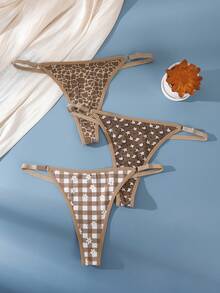 3pcs Women Seamless Thong Panties, Allover Print, Adjustable Waistband - Multicolor - View 1