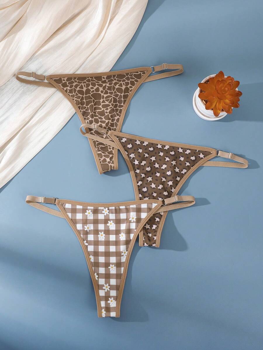 3pcs Women Seamless Thong Panties, Allover Print, Adjustable Waistband - Multicolor - View 1