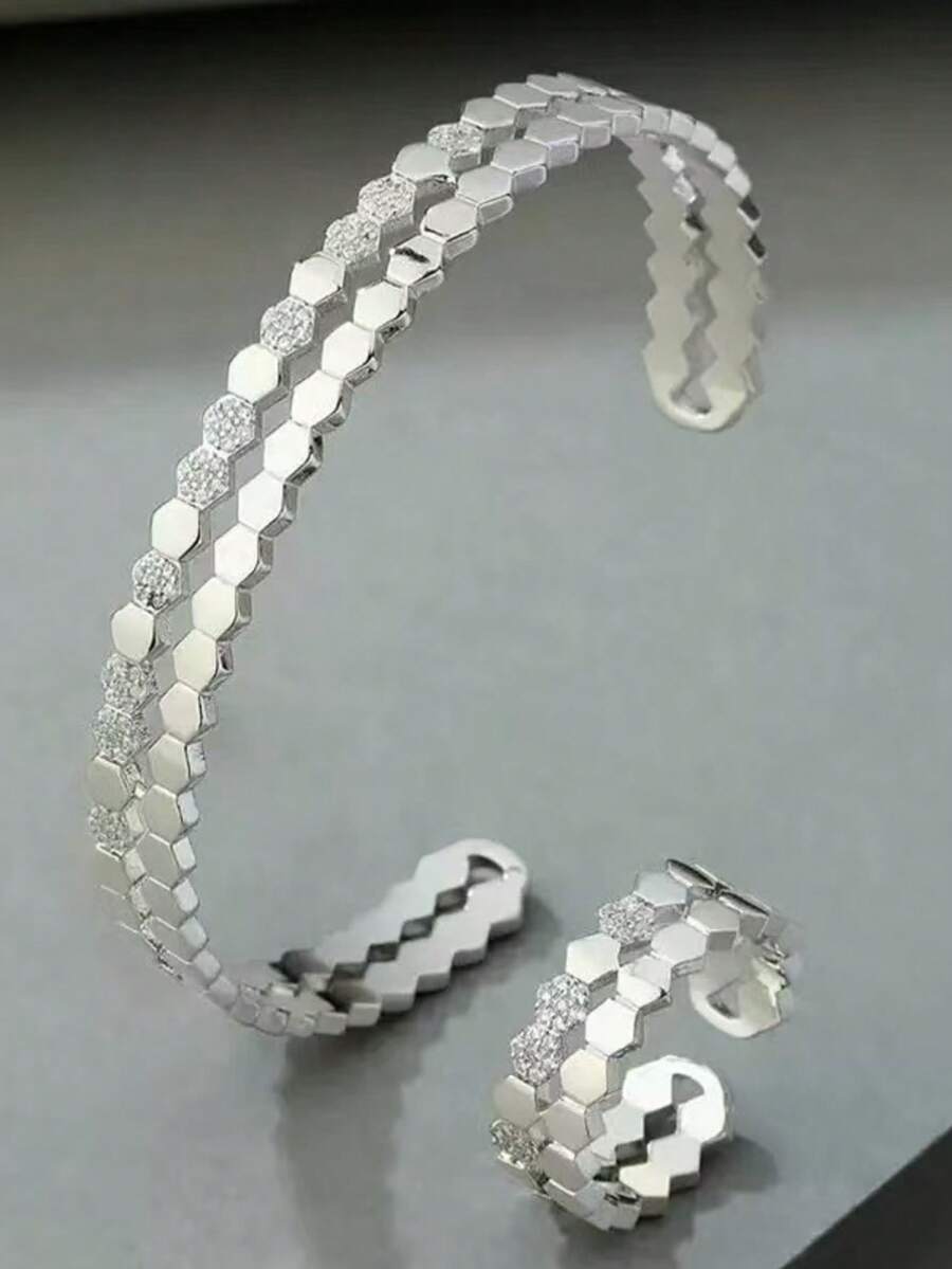 Bộ vòng tay và nhẫn nữ tối giản đính đá Cubic Zirconia, thiết kế hình tổ ong, mạ bạc, thích hợp đeo hàng ngày, quà tặng Eid Al-Fitr & Eid Al-Adha. - Kiểu A Bạc - Xem 1