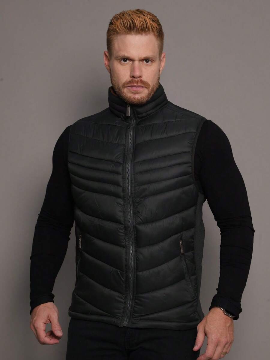 Men's Double-Sided Puffer Vest With Zipper For Winter - Verde militar - Ver 1