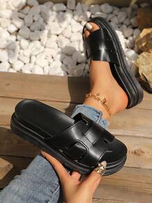 2026 Summer New Fashion PU Leather Criss-Cross Strap Women's Sandals, Vacation Casual Beach Shoes, Open Toe Roman Sandals For Women - Black - View 2